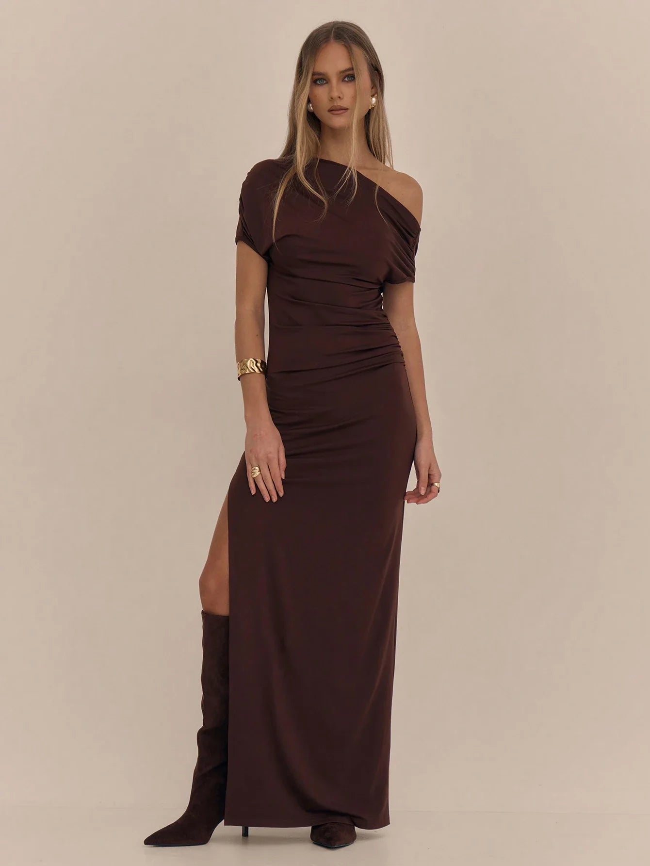 Vestido Cairo - Vestido Longo Assimétrico com Fenda e Drapeado - Menta Chic