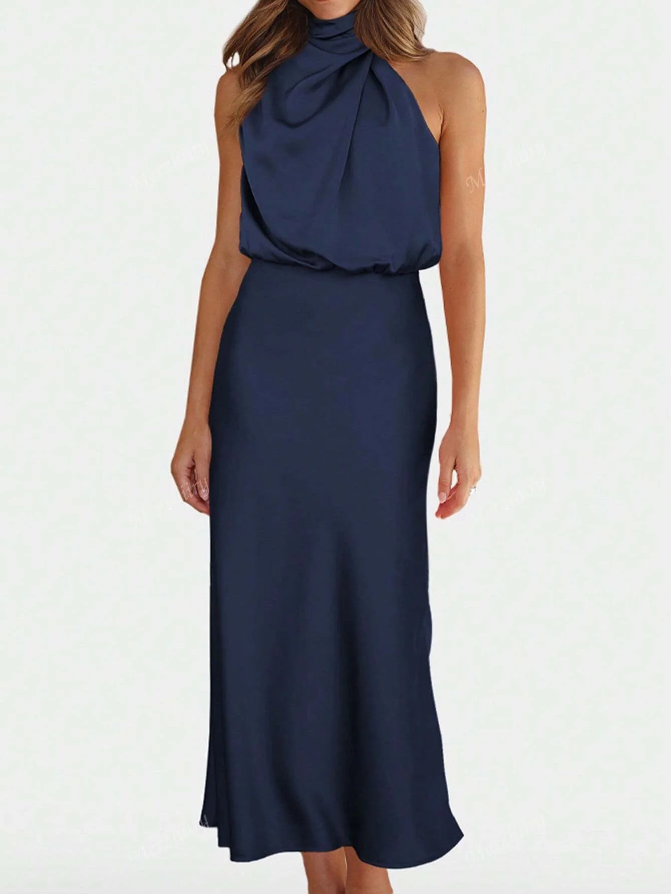 Vestido Zurique Midi de Cetim – Gola Alta e Cintura Marcada