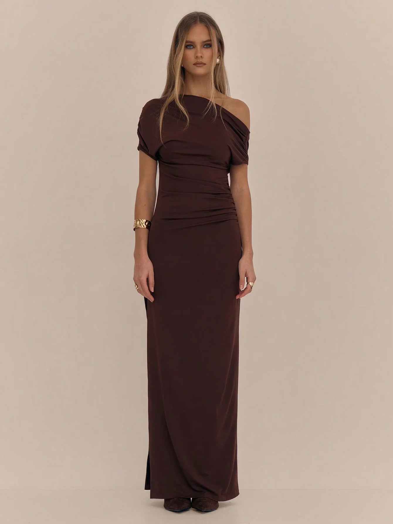 Vestido Cairo - Vestido Longo Assimétrico com Fenda e Drapeado - Menta Chic