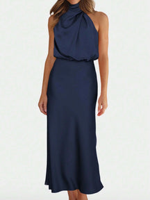 Vestido Zurique Midi de Cetim – Gola Alta e Cintura Marcada