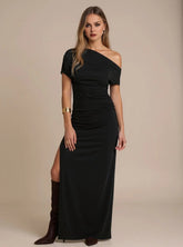 Vestido Cairo - Vestido Longo Assimétrico com Fenda e Drapeado - Menta Chic