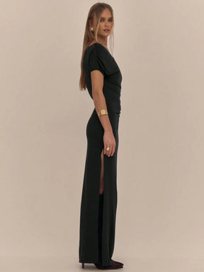 Vestido Cairo - Vestido Longo Assimétrico com Fenda e Drapeado - Menta Chic