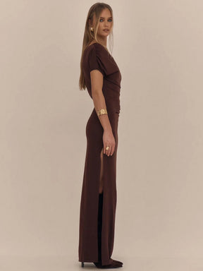 Vestido Cairo - Vestido Longo Assimétrico com Fenda e Drapeado - Menta Chic