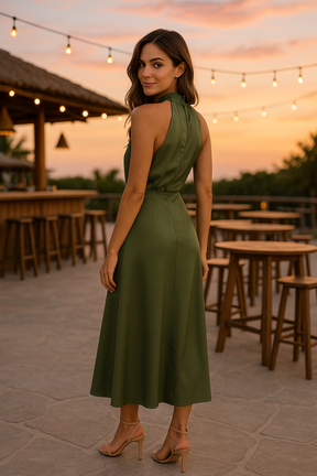 Vestido Zurique Midi de Cetim – Gola Alta e Cintura Marcada