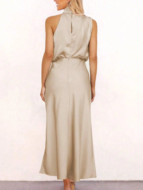 Vestido Zurique Midi de Cetim – Gola Alta e Cintura Marcada